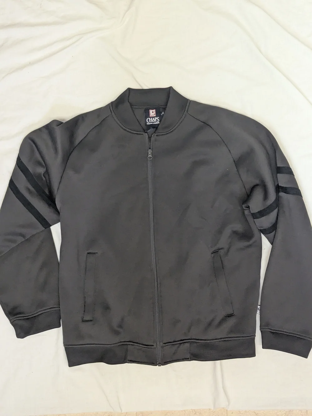 Vintage Chaps Ralph Lauren Grey Men's Full-Zip Bomber with Sleeve Stripes